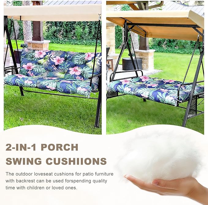 Porch Swing Cushion with Backrest,Waterproof Bench Cushion for Outdoor Furniture,2-3 Seater Replacement Thickened Swing Cushion with Ties,Patio,Outdoor,Backyard and Garden (Tropical Floral,60x40")