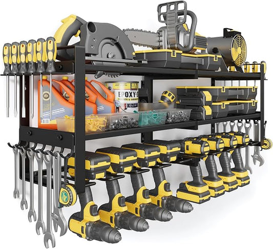 Jusgym Power Tool Organizer Wall Mount |350lbs Garage Tool Storage Rack with 6 Cordless Drill Holder |3-Tier 32''W Heavy Duty Garage Organization |Gifts for Men
