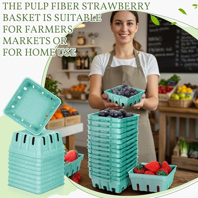 Reallnaive 50 Pack Green Pulp Fiber Berry Baskets 1/2 Pint, Small Molded Produce Vented Basket for Strawberry, Blueberry, Raspberry, Vegetables, Farmers Market, Fruit Picking, Garden Harvest, Party