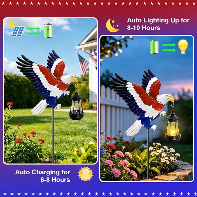 4th of July Decorations Solar Lights Outdoor, Patriotic American Eagle Hanging Lantern Waterproof, Metal Garden Decor for Independence Day Veterans Day Holiday Party Decoration Yard Patio Decor