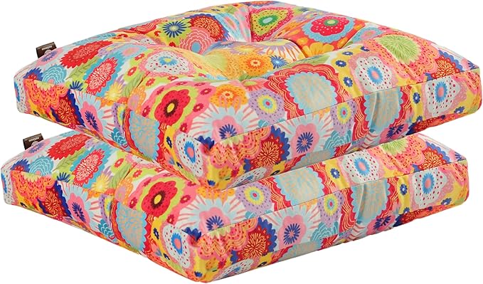 2-Pack Outdoor/Indoor Wicker Patio Seat Cushion Pad with Ties - Dining Chair Cushion, 17" x 17" (Multicolored Flowers)
