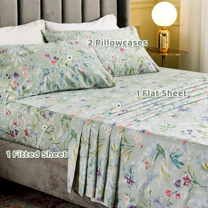 QSH Floral Full Size Sheet Sets - Green Flower Bird Butterfly Print Botanical Bedding Egyptian Cotton Printed Sheets Full Size Bed Extra Soft and Breathable 4pcs Deep Pockets Bed Sheets