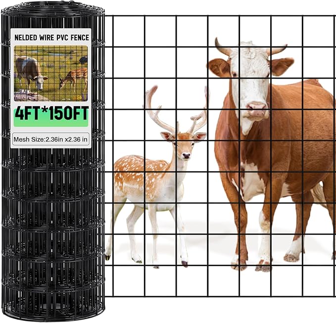 Gisafai 16 Gauge Galvanized Welded Wire Fence 4 ft x 150 ft PVC Coated Hardware Cloth, 2.36" x 2.36" Mesh, Heavy Duty Garden Fencing Roll for Chicken, Dog Yard, Deer Cattle & Animal Protection(Black)