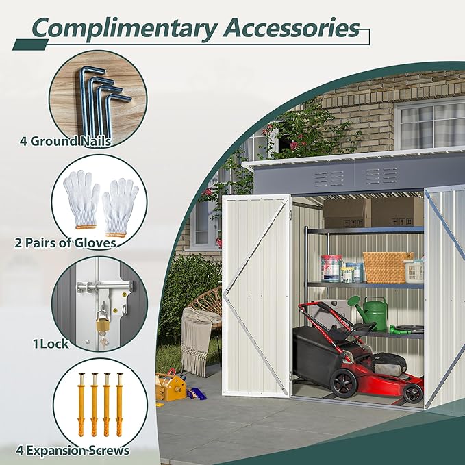 KEIKI Storage Shed 6x4 FT, Small Metal Tool Shed for Outdoor Storage, Galvanized Steel Garden Shed with Floor & Lockable Doors for Patio, Backyard, Lawn, Grey