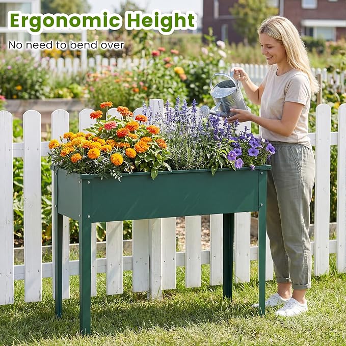 HAPPYGRILL Raised Garden Bed, 31.5” Elevated Planter Box w/Legs, Drainage Hole, Hemming Design, Metal Garden Box for Vegetable Herb, Outdoor Raised Beds for Gardening, Backyard Porch Balcony, Green