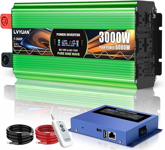 3000 Watt Pure Sine Wave Inverter, DC 12V to 120V AC Power Inverter for Vehicle, RV, Truck, Off-Grid, Car Power Inverter with 4 AC Outlet, 20W USB-C, 5V/3.1A USB, Remote & Panel Control, Surge 6000W