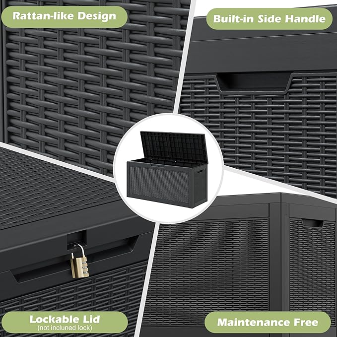 72 Gallon Outdoor Storage Box, Resin Deck Boxes Outdoor Waterproof For Patio Furniture, Garden Tools, Pool Supplies, Lockable And UV Resistant (Rattan Black)