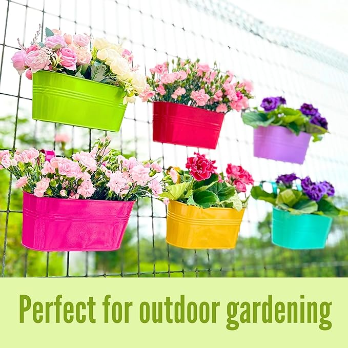 LaLaGreen Rail Planter (17 Inch, 6 Pack) Colorful Outdoor Hanging Flower Metal Planters Railing Fence Balcony Gardening for Apartment Patio Modern Garden Style Iron Deck Decoration Porch Decor Pots