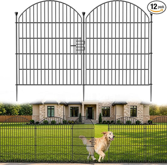 12 Pack No Dig Decorative Garden Fence Panels with Gate, 32in(H) x 29ft(L), Dog Fence Outdoor for Yard, Rustproof Metal Animal Barrier for Rabbits & Flowers, Temporary Fencing for Patio, RV