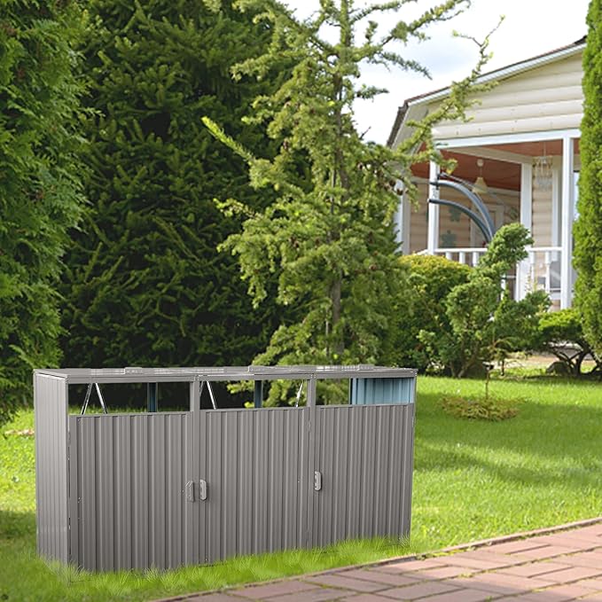 94.48" Metal Garbage Bin Shed Stores with Ventilated and Lockable,Patio Furniture 3 Trash Cans Outdoor Sheds w/Rust-Proof & Scratch- Resistant,for Garden Yard Lawn,Grey