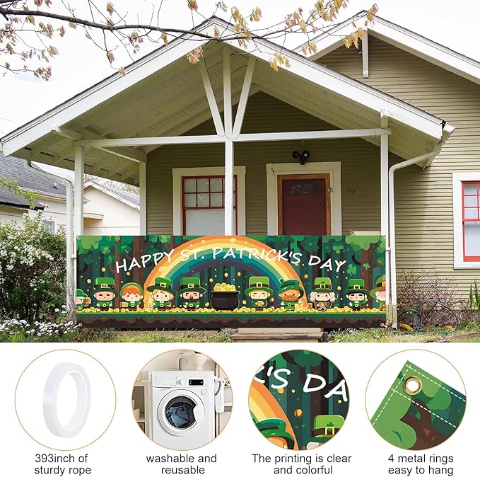 10x3 ft Extra Large St. Patrick's Day Banner Outdoor 115''x35'' Happy Easter Decorations for Fence Outside Garden Large St. Patrick's Day Banners Yard