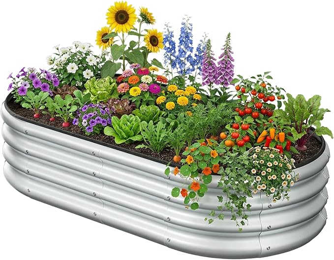 4x2x1 FT Oval Metal Raised Garden Bed, Elevated Garden Planter Box Outdoor, Trough Planter for Outdoor Plants, Flower, Vegetables, Fruit, Herbs (Silver, 1PC)