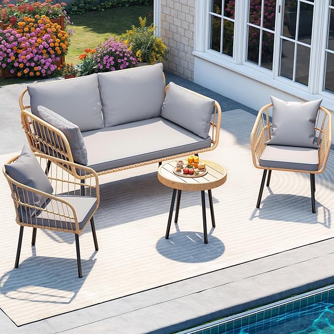 DWVO Patio Furniture Set 4 Pieces Boho Wicker Bistro Set, All Weather Outdoor Rattan Conversation Set with Loveseat Chairs Table Soft Cushions for Backyard, Pool, Garden - Grey