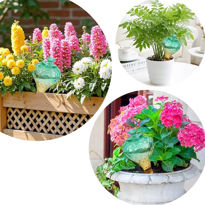 12 oz Plant Watering Globes, Green Glass Self Watering Bulbs Top Fill with Terracotta Spikes Stake, Self Watering Planter Insert Vacation Automatic Plant Waterer Device for Indoor & Outdoor 2Pack
