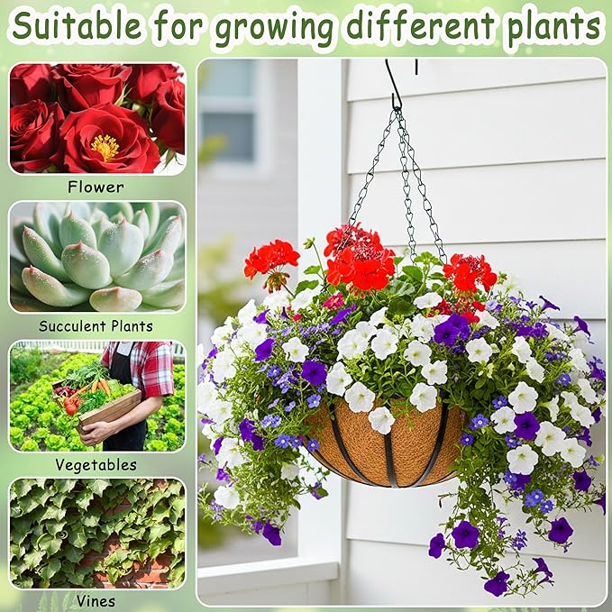 4pcs 14 inch Metal Hanging Baskets Round Wire Plant Stand with Coco Lining Cushion Decorative Planter Hanger Garden Indoor Outdoor Watering Hanging Basket （BT）