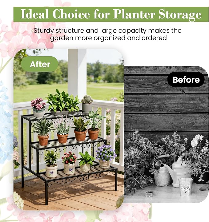 Plant Pot Stand Shelf, 3 Tier Flower Ladder Display Rack, Metal Succulent Plants Storage Holder for Outdoor and Indoor, Black