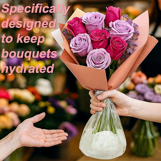 100pcs Clear Flower Water Bags for Bouquets,with 20pcs Flower Hydration Cotton Sturdy Bouquet Water Retaining Bag 11.8x11.8 Inch,for Flower Arrangement Fresh Cut Flower Bouquets Wrapping Paper Rose