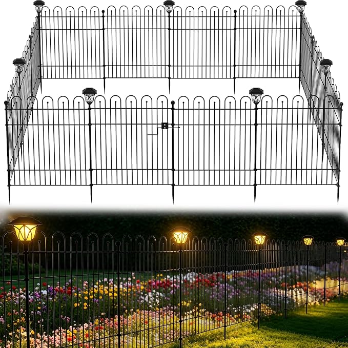 Garden Fence Animal Barrier with Solar Garden Lights, 32 in (H) x23.6ft (L) Decorative Garden Fence, 10 Panels No Dig, Rustproof Metal Temporary Fence, Dog Fence Outdoor for Yard, Patio
