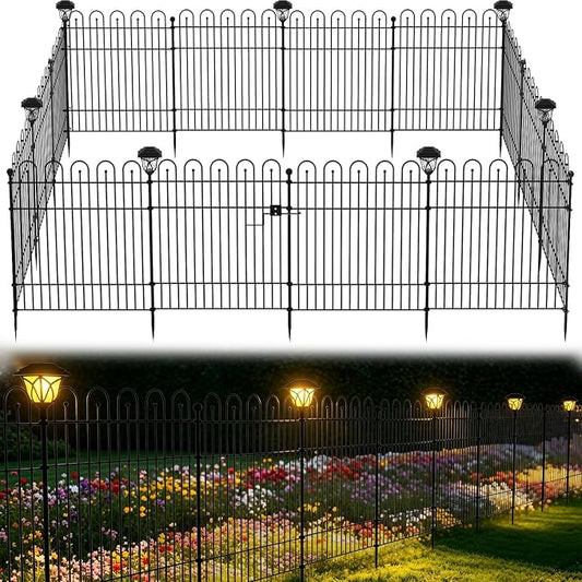 Garden Fence Animal Barrier with Solar Garden Lights, 32 in (H) x23.6ft (L) Decorative Garden Fence, 10 Panels No Dig, Rustproof Metal Temporary Fence, Dog Fence Outdoor for Yard, Patio
