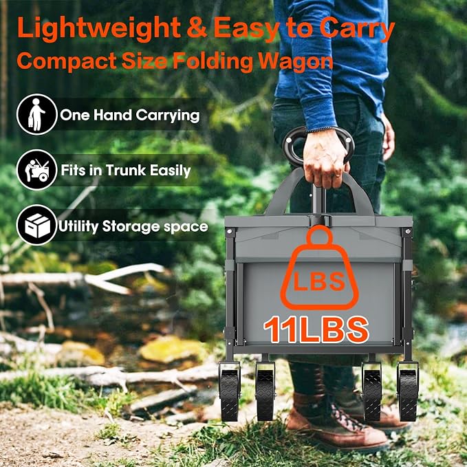 Yozoia 360LBS Heavy-Duty Foldable Wagon Cart with Wheels and Tailgate, 120L Collapsible Utility Wagon for Groceries, Outdoor Camping, Shopping, Beach, Garden