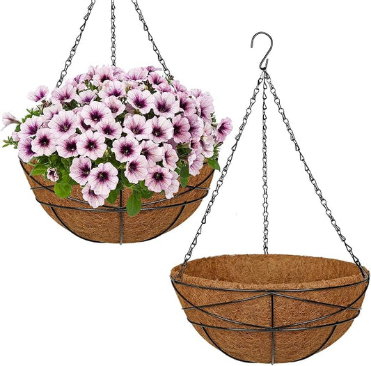 2 Pack 14 inch Metal Hanging Baskets for Plants Outdoor Metal Wire Hanging Basket Planter with Coco Fiber Liners Flower Pots for Home Porch Garden Patio, Diamond-Shaped