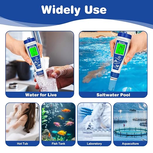 pH Chlorine Salt Tester for Pool, Salinity pH Meter for Saltwater Pool, 7 in 1 pH Salt Free Chlorine Tester Digital ORP PPM EC Tester for Swimming Pool, Hot Tub, Spa, Aquarium, Hydroponic