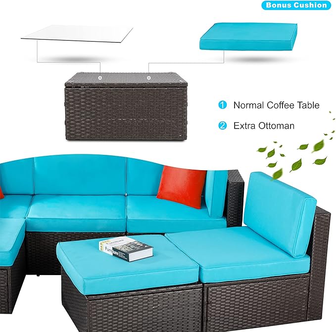 Vongrasig 6 Piece Patio Furniture Set, Small Outdoor Sectional Sofa Couch, All Weather PE Wicker L-Shaped Corner Patio Sofa Garden Backyard Patio Conversation Set w/Glass Table, Blue