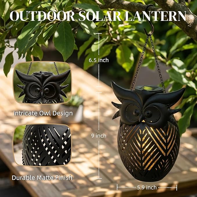 Hanging Owl Solar Lantern, Outdoor Waterproof Metal Solar Lights with Palm Leaf Shadow, Decorative Garden Lanterns for Yard Art Patio Decor, Whimsical Gifts for Women, Black