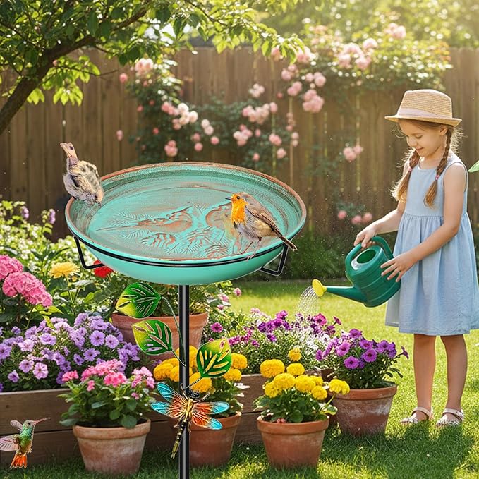 Metal Bird Bath for Outside, 35.4In Vintage Freestanding Garden Birdbaths & Birdfeeder with Upgraded 5 Prongs Base, Bird Baths Feeder Water Bowl for Outdoors Patio Yard Lawn Art Decor (Retro Green)
