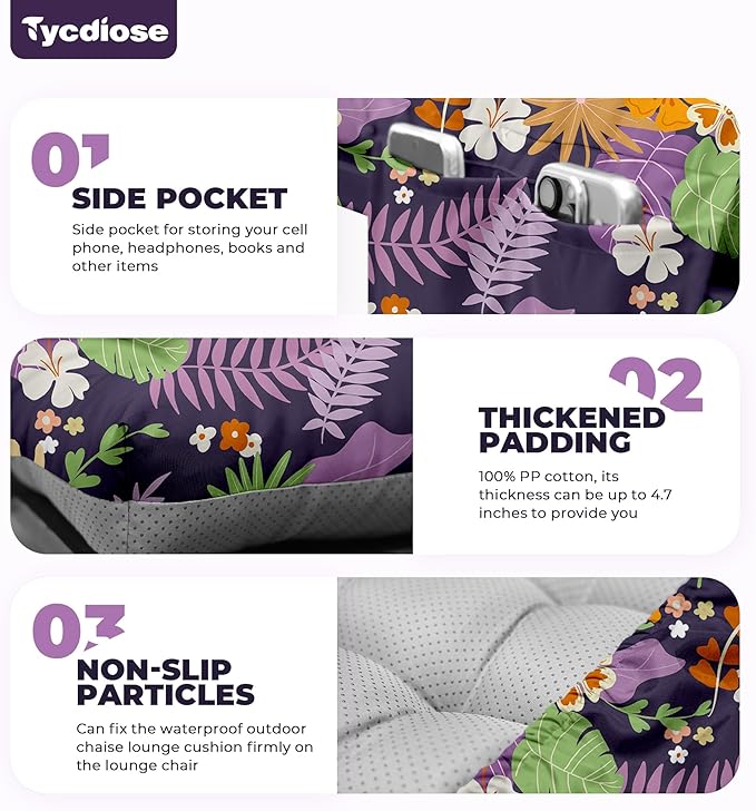 Outdoor Chaise Lounge Chair Cushion, 71 x 22 x 4.7 Inches Waterproof Chaise Lounge Cushions Thickened for Outdoor Furniture, Non-Slip Patio Lounge Chair Cushions, Purple Floral Leaf