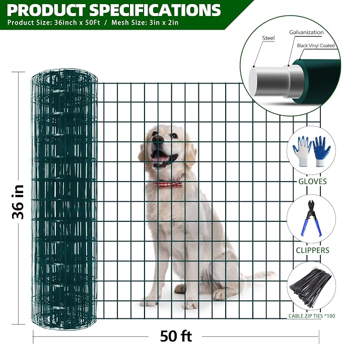 GILPWA Welded Wire Fence, 50ft(L) x 36inch(H) PVC Coated Wire Fencing for Dog, 2 Inch x 3 Inch 16GA Fencing for Chicken, Anti-Rust Roll Metal Wire Mesh Fence for Yard Vegetable, Green