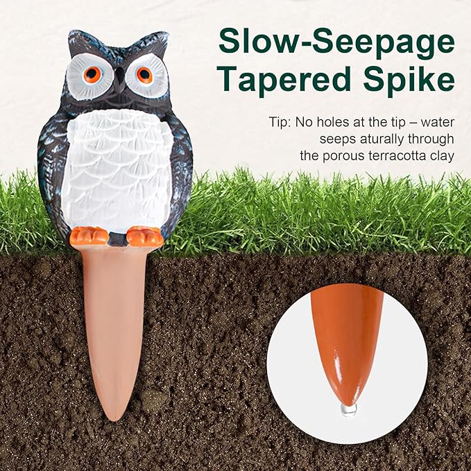 MCleanPin 4 Pack Self Watering Spikes and Globes, Handmade Terracotta Owl Self-Watering Plant Devices with Slow Release System, Automatic Water Bulbs for Indoor and Outdoor Garden Pots Vacation