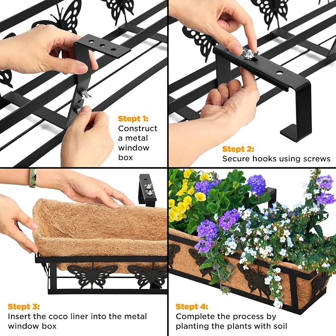 Window Box Railing, 24IN Black Metal Hanging Flower Planter Basket with Coco Liner for Outdoor Balcony Porch Fence Patio for Home, Office and Hotel (Black - 2 Pcs/Set)