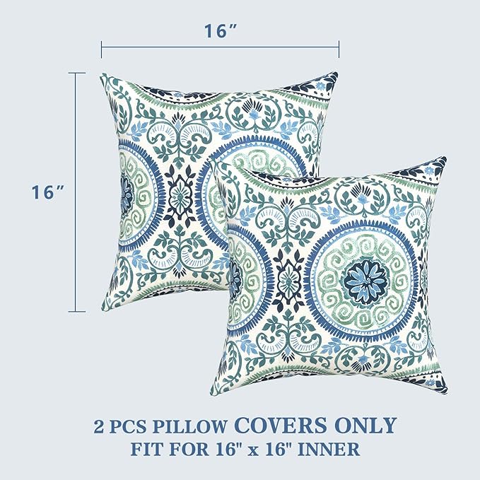 LVTXIII 2 Pack Outdoor Throw Pillow Covers for Patio Furniture, 16x16 Inch Square Pillow Case, Water-Repellent Cushion Covers for Garden, Porch, Sofa, Coastal Medallion