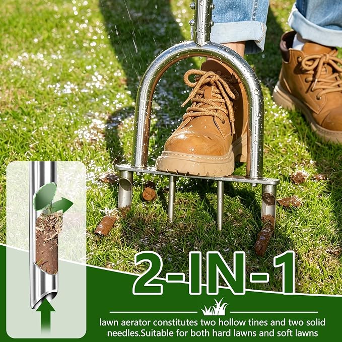 Bigwish Manual Lawn Core Aerator Tool with 2 Hollow Tines & 2 Spikes, Adjustable Semi-Assembled Plug Aerator, Stainless Steel Grass Aerator for Lawn Care, Garden & Yard, Relieves Compacted Soil