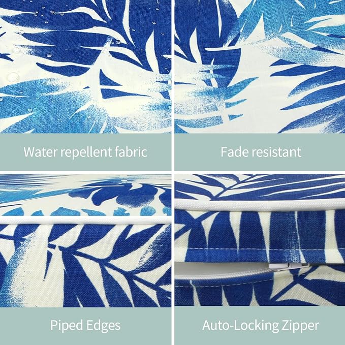 Outdoor Chair Cushions Set of 2, 19x19 Inch U-Shape Patio Seat Cushions with Ties, Water & Fade Resistant High Density Foam Cushions for Garden Patio Chairs, Blue Leaf