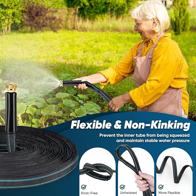 Garden Hose 100ft, Non-Expanding Water Hose, 8 Function Nozzle, Flexible Ultra-Light, Anti-Kink, Wear-Resistant, Portable, Easy Storage, Hose with 3/4 for Outdoor, Garden, Yard, Black Lake Blue