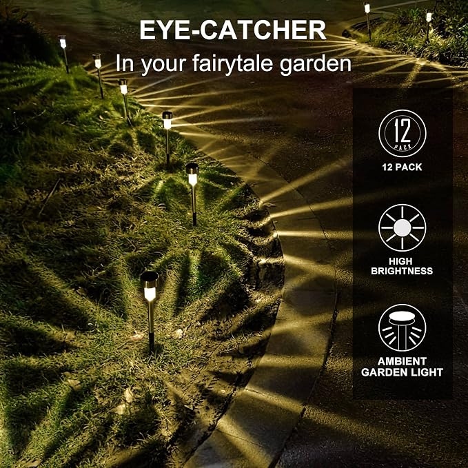 Dream Master Solar Lights Outdoor Waterproof, Stainless Steel LED Landscape Lighting, Solar Garden Lights, Outdoor Christmas Decorations for Yard, Pathway, Walkway, Patio, Lawn - 12Pack(Warm White)