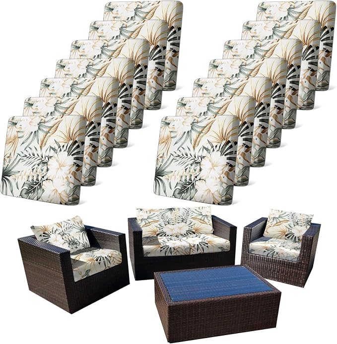 CALBODE 14Pcs Stretch Patio Cushion Cover, Tropical Floral and Leaf Pattern Sofa Covers for Patio Furniture Cushions Washable Reusable Couch Covers Replacement for All Season(Cover Only)