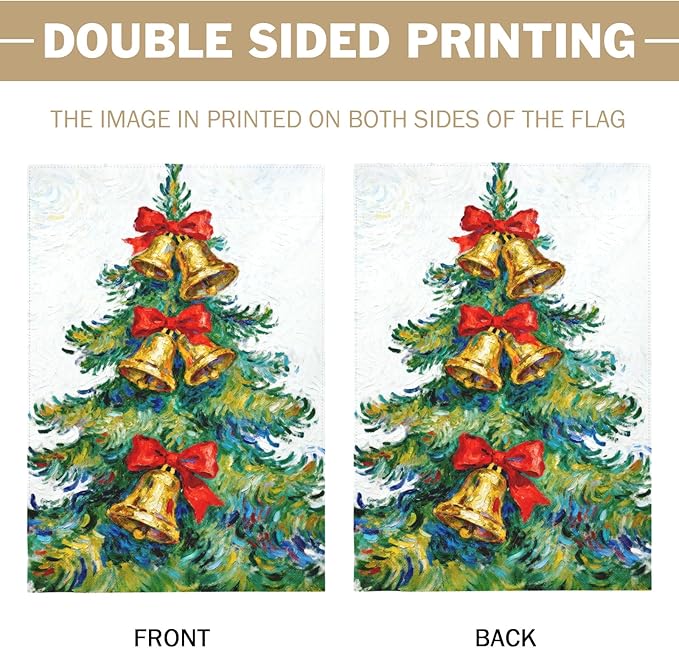 Christmas House Flag 28x40 Inch Green Yellow Red Xmas Tree Bell Bowknot Winter Holiday Decorative Garden Flags for Outside Double Sided Seasonal Outdoor Home Farmhouse Decoration Porch Yard Decor