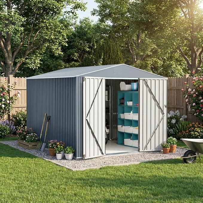 8x12 FT Outdoor Metal Storage Shed, Large Storage Sheds with Sturdy Frame Structure, Metal Garden Tool Shed with Lockable Door for Garden, Lawn, Backyard, Gray