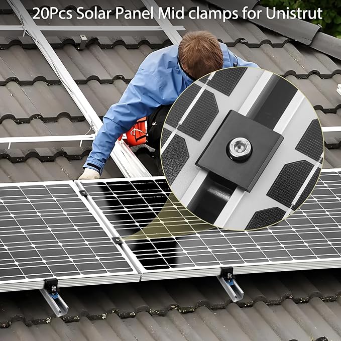 Anbte 20pcs Solar Panels Mid Clamps for Unistrut, Aluminium 30mm/35mm Solar Panel Brackets, Mounting Kit for Metal Roof, Tin Roof, Flat Roof, Sheet Roof, RV, Black