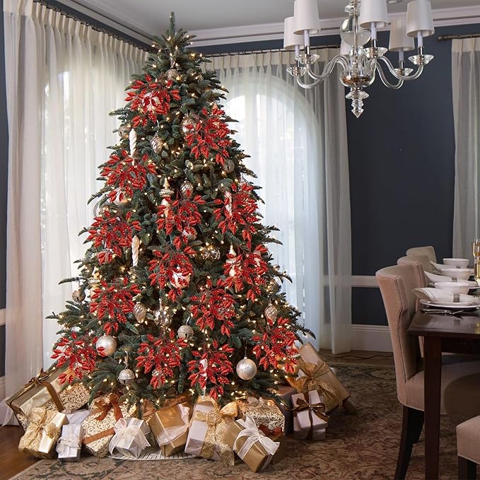 25.6" Christmas Red Glitter Leaves Stems, 5Pcs Artificial Leaf Spray Leaf Picks Tall for Christmas Tree DIY Xmas Wreath Garland Arrangment Vase Bouquets Table Centerpieces Decoration Home Decor