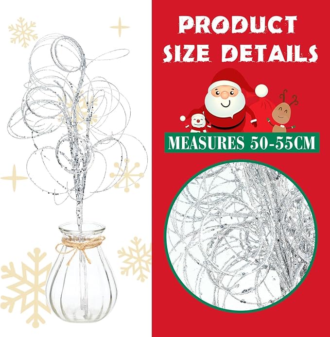 Yinder 18.5'' Glitter Curly Christmas Spray Wispy Christmas Picks Artificial Curly Twigs Branches for Vases Glitter Branches for Xmas Tree Vases Wreath Garland Banquet Decoration, 5 Pieces(Silver)