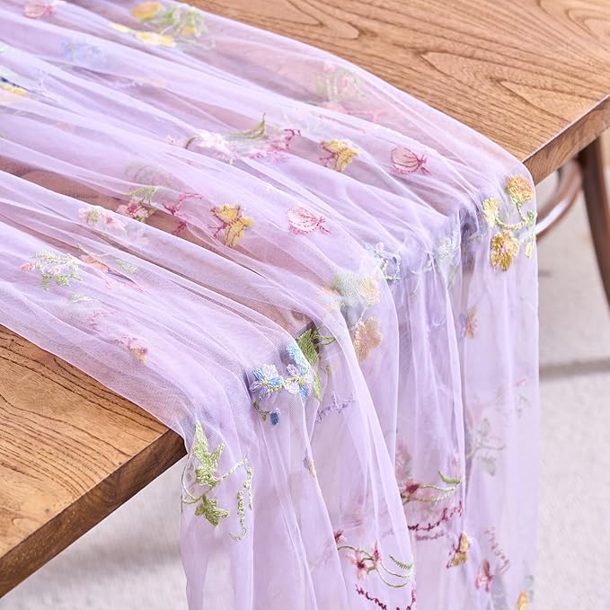 vctops 2 Packs Embroidery Lace Spring Table Runner 10ft Floral Garden Seasonal Tulle Table Runner Holiday Kitchen Dining Table Decoration for Wedding Party Baby Shower Birthday (Purple,30"x120")