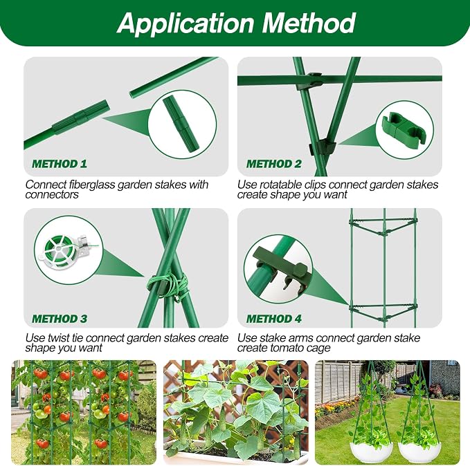 Qinzave 256PCS Garden Stakes Set with 75PCS 16 Inch Fiberglass Plant Sticks and Stake Arms, DIY 4ft 5ft 6ft 7ft 8ft Tomato Stakes, Garden Stakes for Vegetables Tomato Pepper Indoor Outdoor Plants