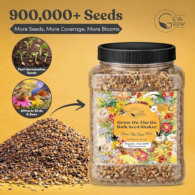 Wildflower Seed Mix 1LB Tub - Save The Bees Seed Mix, by GevaGrow | Bulk 300,000+ Seeds | Pollinator & Bee Attracting Flower Seeds Bulk for Planting in Pots & Outdoor Gardens | 1 Pound Tub