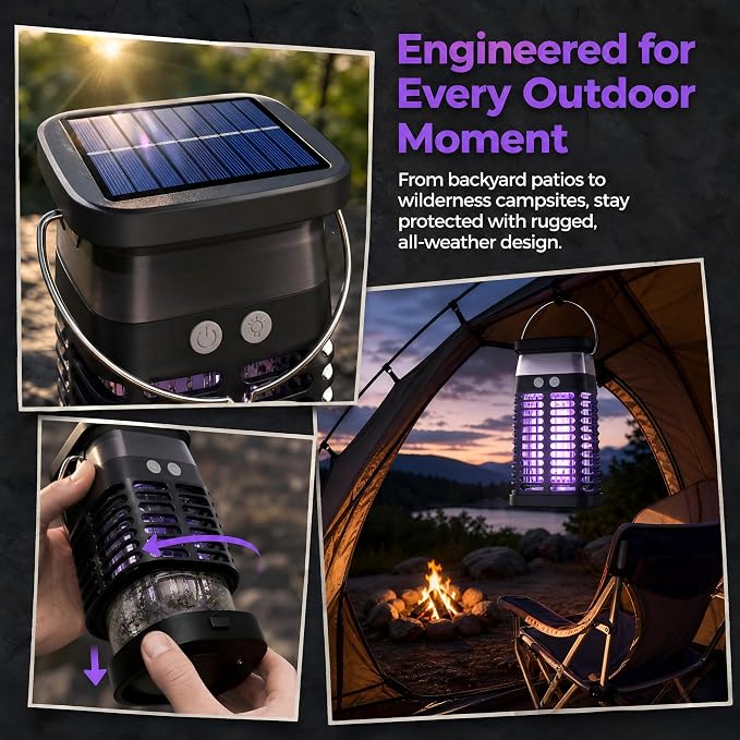 Solar Bug Zapper Outdoor & Indoor, 4200V Electric Mosquito Killer w USB Rechargeable 4000mah Battery, Waterproof Fly Trap for Gnat, Fruit Fly, Moths, Portable Pest Control for Indoor, Outdoor