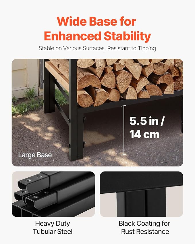 VEVOR Firewood Rack with Waterproof Cover, 4 ft Outdoor Firewood Holder, 1/4 Cord Storage Metal Log Holder, 400lb Max Weight Capacity, Full Covered, Powder-Coated Wood Storage Rack for Fireplace Deck