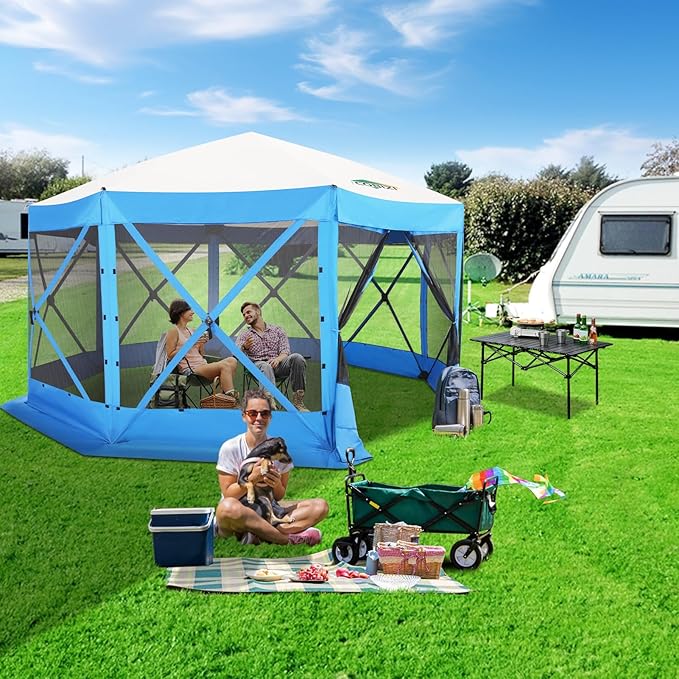 COBIZI 15x15 FT Pop Up Gazebo - Canopy Tent, Large Gazebos On Clearance,Instant Screened in Gazebo,carpas para Patio,Portable Screen Tents for 12-15 Persons Outdoor Camping, Backyard, Blue